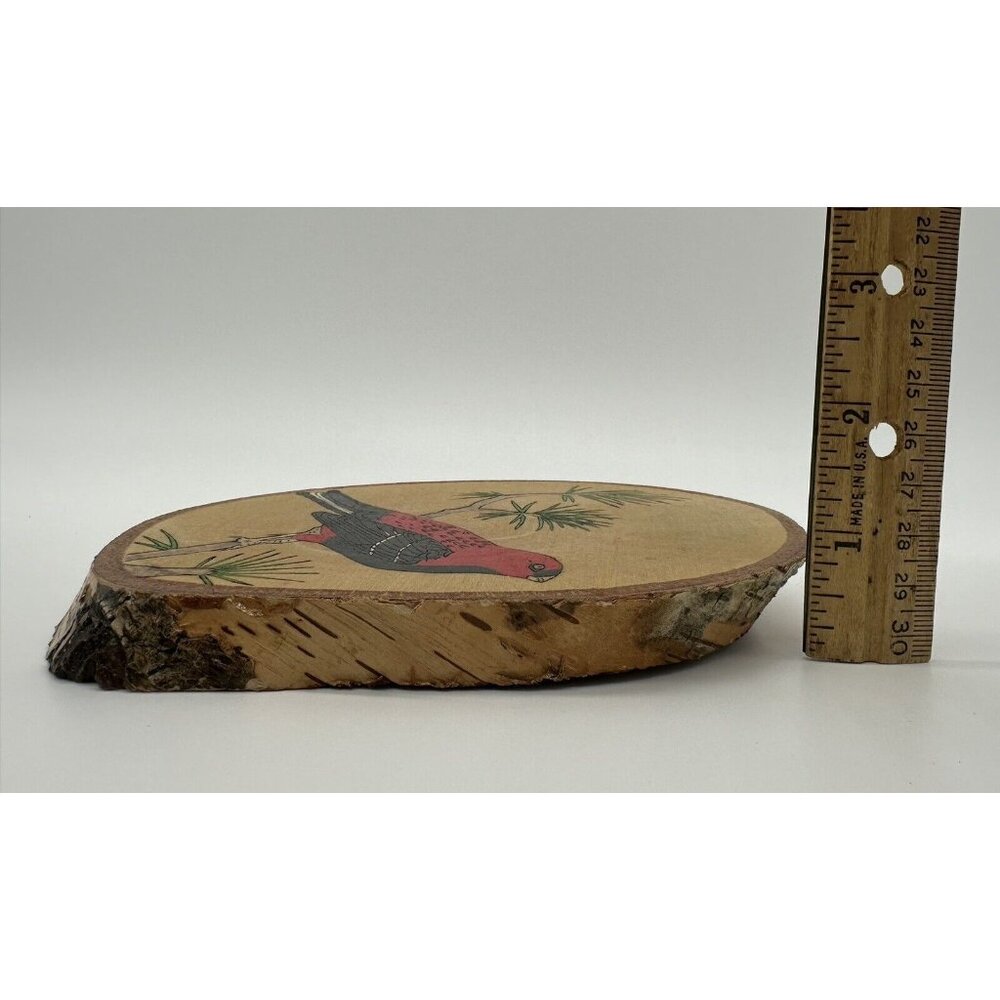 Red Bird Wall Hanging Picture Handmade Signed Live Edge Wood Oval Pine Grosbeak - Picture 9 of 9